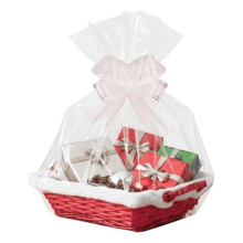 H-Line Christmas Hamper Basket Santa Bamboo Baskets Wicker Baskets with White Faux Fur Trim Cellophane Wood Shred Bow Set Decorative Festive Hamper