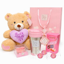 Luxury Mothers Day Hamper for Mums – Teddy Bear with Heart Cushion, Stainless Steel Travel Mug, 200g Lindt Strawberry Truffles, Scented Heart Candle