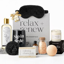 Pamper Gifts for Women - Hamper Gifts for Women with Black Wine Tumbler, Scented Candle, Silk Sleep Mask, Bath Salts, Bath Bomb, Essential Oil, Bubble