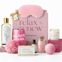 Pamper Gifts for Women - Hamper Gifts for Women with Pink Wine Tumbler, Scented Candle, Silk Sleep Mask, Bath Salts, Bath Bomb, Essential Oil, Bubble