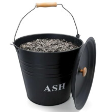 ALAYSTAR 12L Ash Bucket with Lid and Wooden Handle Heavy Duty Metal Fire Bucket for Hot Black Powder Coated Steel Fireplace Ash Bin for Log Burner