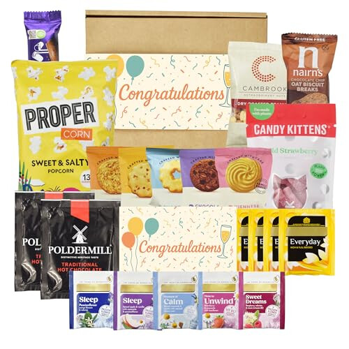 Congratulations Gifts, Hamper Box Includes, Congratulations Card, Herbal Tea, Sweets, Biscuits, Chocolate, Hot Chocolate, Biscuits, Popcorn, Nuts -