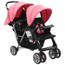 vidaXL Tandem Stroller-Multi-Child Pushchair-Pink and Black, Durable Steel Frame, Dual Canopy Sun Protection, Large Storage Basket, Easy