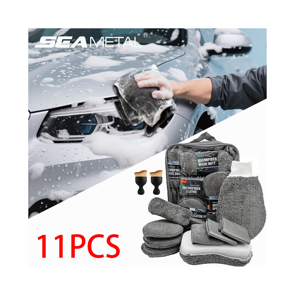Seametal 11Pcs Microfiber Car Cleaning Kit Upgrade Car Wheel Tire Brush Sponge Towel Detailing Mitts Clean Pads With Storage Bag Gray 181844260536