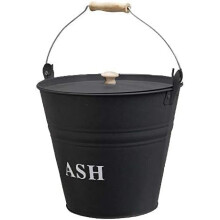 12 Litre Black Metal Ash Bucket - Wooden Handle Fireplace Container Coal Storage, Wooden Handle & Lid Handle | Log Holder | Living Room, Fireplace,
