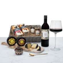Wine and Cheese Gift Set Hamper Basket, Red Wine Shiraz, 2 Luxury Cheese Truckles, Chutneys & Crackers