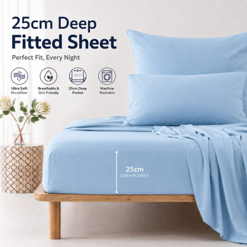 (Double, Sky Blue) 25cm Extra Deep Fitted Bed Sheet-Ultra Soft Microfiber Elastic Fitted Sheets UK