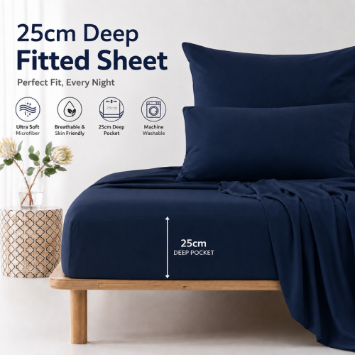 (Double, Navy Blue) 25cm Extra Deep Fitted Bed Sheet-Ultra Soft Microfiber Elastic Fitted Sheets UK