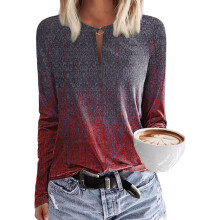 T-shirt Femme Manches Longues Col en V Basique Casual Gris Ombré S — haut femme automne, chemisier col v