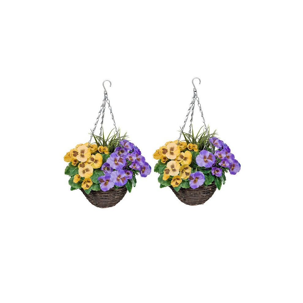 GreenBrokers 2 x Artificial Round Hanging Baskets Purple & Yellow Flowers 25cm - Image 3