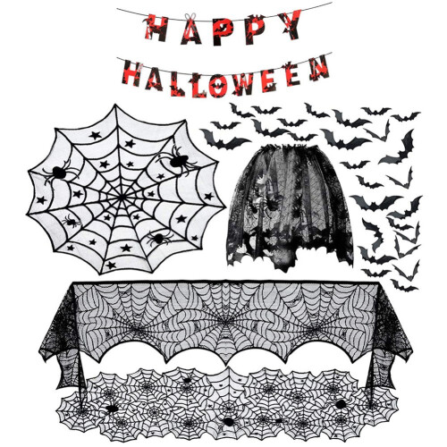 Halloween Spider Web Fireplace Cover Black Lace Set Disposable Decoration Pull the Flag B