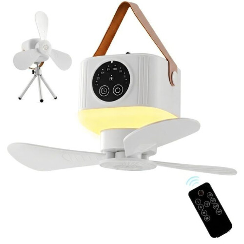 Draagbare campingventilator met verlichting, LED-plafondventilator met afstandsbediening en timer, wit