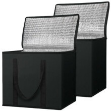 Set van 2 herbruikbare geïsoleerde lunchtassen, opvouwbare koeltassen, grote, stevige thermische tassen, zwart