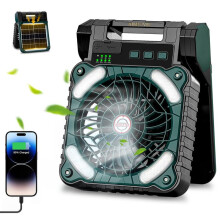 Aurinkotuuletin, 10400mAh ladattava tuuletin LED-valolla, ajastimella, 4 nopeutta, kannettava ulkokäyttöön tarkoitettu retkituuletin