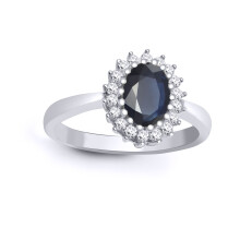 (V) Jewelco London 9ct White Gold H I2 0.23ct Diamond and Oval Blue 1.1ct Sapphire Classic Royal Cluster Ring 11mm - 9R431