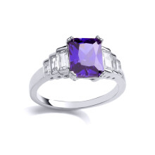 (P) Jewelco London Sterling Silver Tanzanite-Violet Radiant Cubic Zirconia Graduated Stairway Solitaire Dress Ring - GVR671TAN