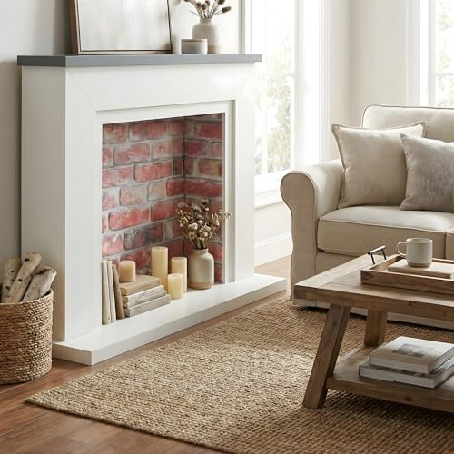 Endeavour Fires Farlington 48’’ Off White Fireplace Surround with a 3D Brick Effect Back (Grey Top/Red Brick) 1