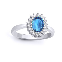 (J) Jewelco London 9ct White Gold H I2 0.23ct Diamond Oval Blue 0.9ct Topaz Classic Royal Cluster Ring 11mm - 9R430