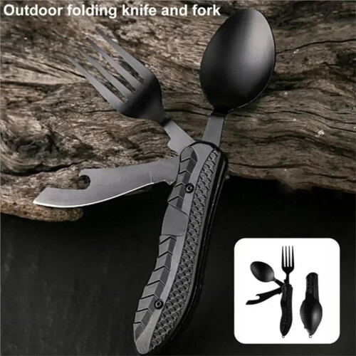 Bottle Opener Three-in-One Multi-Tool Camping Folding Comfortable Grip Hook Design Stainless Steel Folding Spoon Fork 2