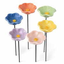 Vogelbad met bloemen, bijenbad voor in de tuin, keramisch insectenbad met tuinpinnen, voor gazon, balkon en terras, tuindecoratie (6 st