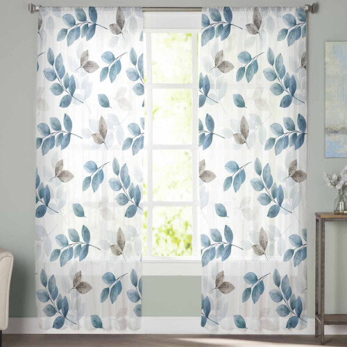 Sheer Curtains Blue Gray Eucalyptus on White 52x96 in Light