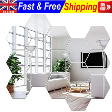 Glass Mirror Tiles Wall Sticker Hexagon Self Adhesive Stick Home Decor On Art UK