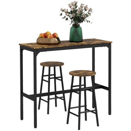 Ensemble table de bar 3 pièces avec 2 tabourets, style industriel, marron et noir