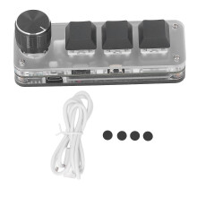 Mekaaninen mininäppäimistö, 3 painiketta, 1 nuppi, ohjelmoitava USB- ja Bluetooth-liitin, sininen kytkin, RGB LED, C