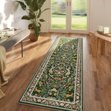 Floral Runner Rug Washable Non-Slip 2.5x8 ft Emerald Green