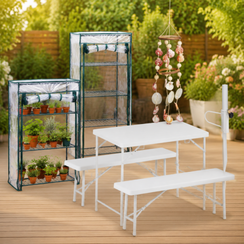 Outdoor Gathering Set (4-Piece) – Parasol Spike, Shell Wind Chime, Folding Table & Propagator 1