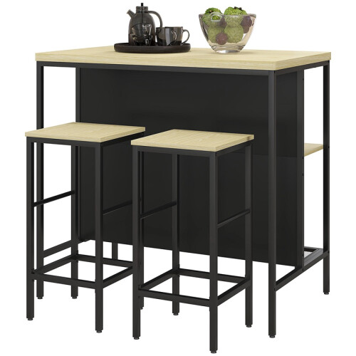 Ensemble table de bar et 2 tabourets, structure en acier, chêne noir 1