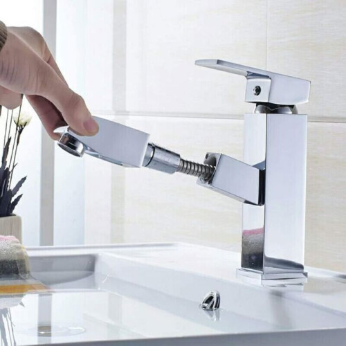 Bathroom Sink Faucet with Pull-Out Sprayer, Chrome Waterfall Basin Tap 1