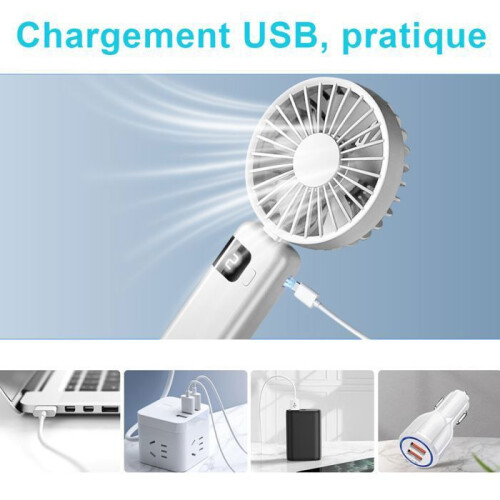 Portable Handheld Fan, USB-C Charging, 1200mAh Battery, 5-Speed Adjustable, White with Loop Strap 2