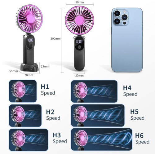 Mini Portable Fan, 6 Adjustable Speeds, LED Display, USB Rechargeable, Foldable and Compact 2