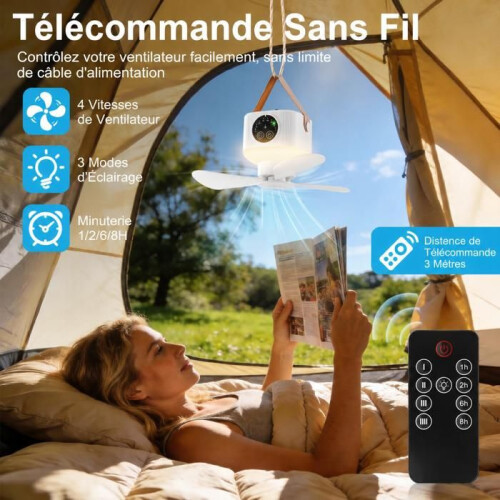 Portable Camping Fan with Lights, LED Hanging Ceiling Fan with Remote Control and Timer, White 2