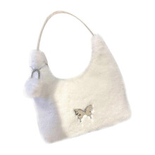 Modische, flauschige Plüsch-Handtasche für Damen, flauschige Achseltasche mit Schmetterlingsdekor, Reißverschluss und geräumigem I
