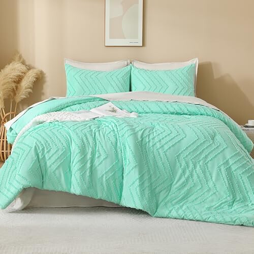 Mint Green King Comforter Set Boho Tufted 3-Piece 1