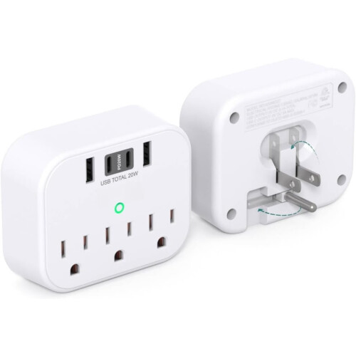 Travel Outlet Extender with Foldable Plug 3 Outlets 4 Plugs