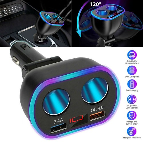 DC 12V 2 Way Car Cigarette Lighter Socket Splitter LED Dual USB Charger Adapter