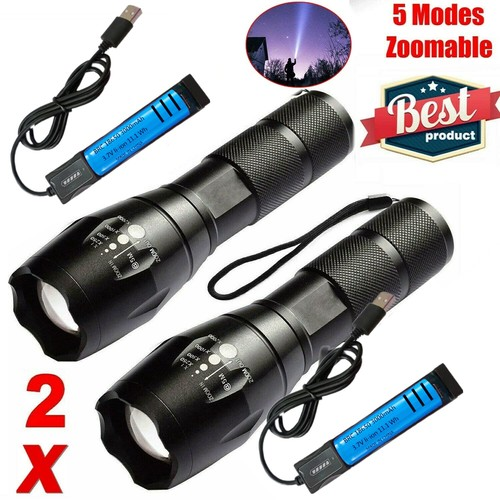 2 Pack Ultra Bright LED Flashlight High Power Torch USB Rechargeable Work Light