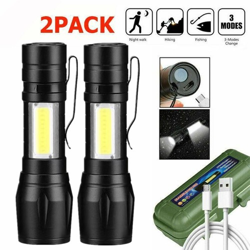 2 X Powerful LED Flashlight USB Rechargeable Zoomable Camping Hiking Work Light