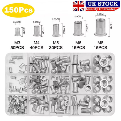 150Pcs Rivet Nut Flat Head Threaded Insert Aluminum Steel Nutsert Set M3-M8 Kit