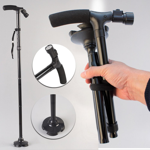 Folding Walking Stick Cane With LED Light Height Adjustable Free Standing Cane