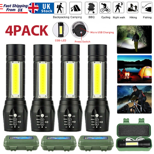 4Pack High Powered LED Flashlight USB Rechargeable Lamp Camping work Light