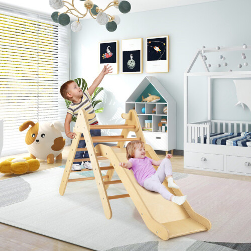 Kids Wooden Climbing Triangle Set with Adjustable Slide 1