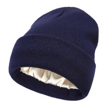 Warm Silk Lined Knit Winter Hat for Curly Hair, Anti-Static, Anti-Frizz, No Tangle, Navy Blue, 25-26 cm