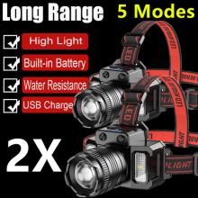 2PCS Powerful USB RechargeableLED Headlamp Zoomable 5-Modes Headlight Head Torch