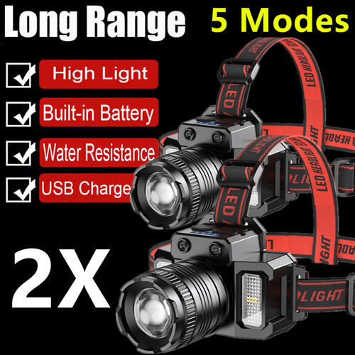2PCS Powerful USB RechargeableLED Headlamp Zoomable 5-Modes Headlight Head Torch
