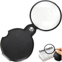 Pocket Folding Magnifier, Mini Handheld Reading Magnifier with Rotating Leather Case, Portable Loupe for Books