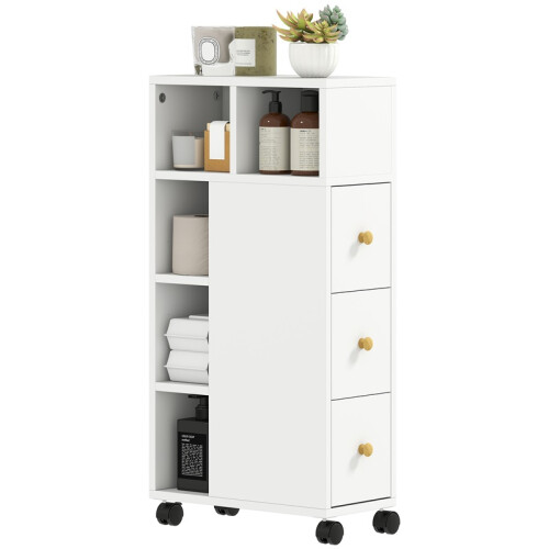 Schmaler Badezimmerschrank mit Rollen, 3 Schubladen, Weiß 1
